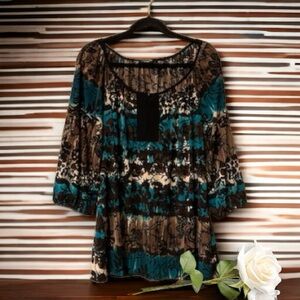Perseption Women Brown/Teal/Black/Cream Abstract Floral & Leaf Print Top